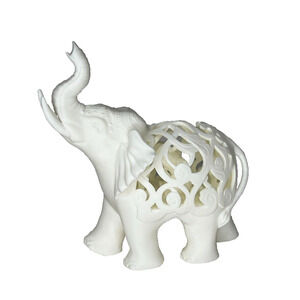 Elephant White Figurine Ornate Plastic Design Home Decor 6" Tall